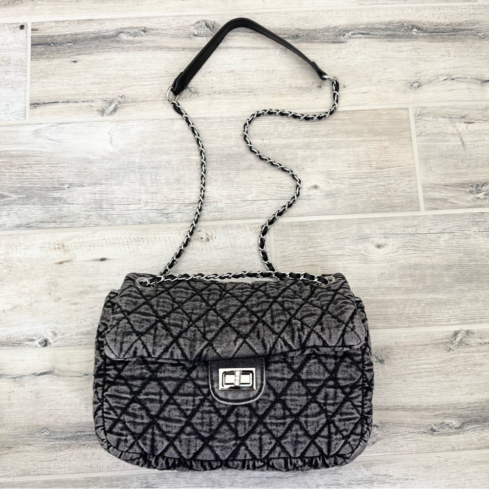 Denim Grey Quilted Medium Crossbody Chain Shoulder Bag